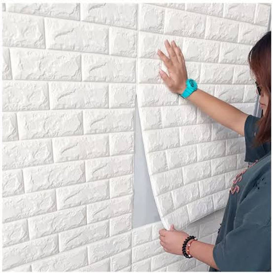 3D Wall Panel Sticker – 70x77cm (5.6 Sq.Ft) | White color Faux Brick Wallpaper | Waterproof Self-Adhesive Wall Decor for Bedroom, Living Room, Home