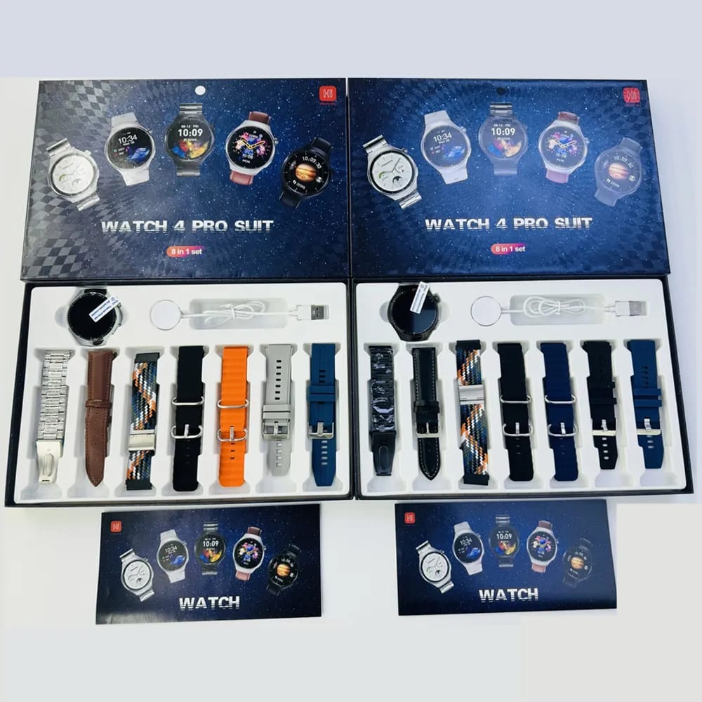 Watch 4 Pro Suit 8-in-1 Smartwatch Set – Full Fitness & Lifestyle Package with Multiple Accessories