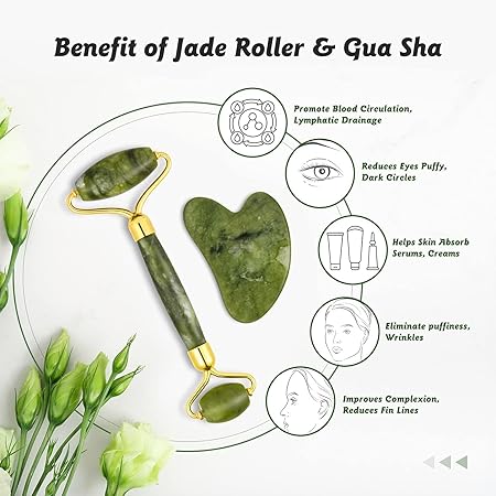 Anti-Aging Natural Stone Jade Roller With Gua-Sha For Face Massage Skin.