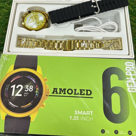 GEN PRO 6 AMOLED Smartwatch – Display with Dual Straps (Silicone + Golden Metal Strap)